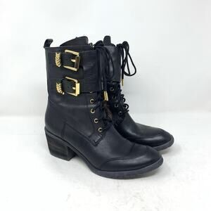 Donald J Pliner Black Leather Combat Boot Buckles Gold Detail Size 5.5 M